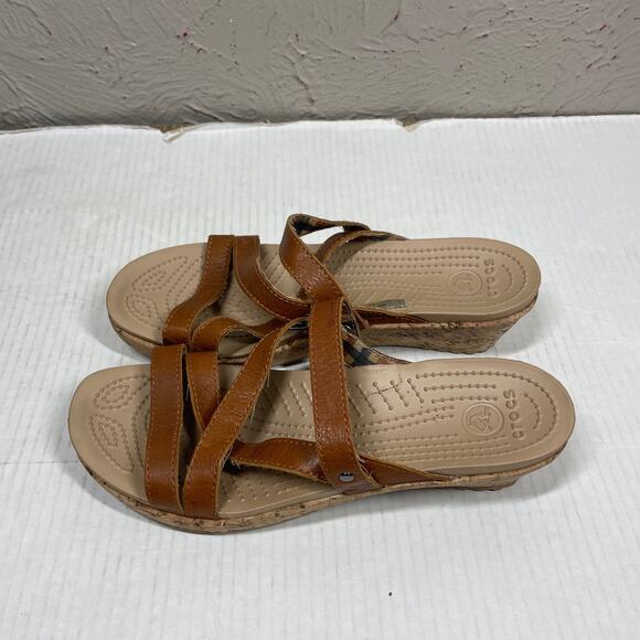 CROCS A LEIGH Womens Brown Strappy Slip On Sandals Cork Wedge‎ Size 9 - Picture 2 of 4